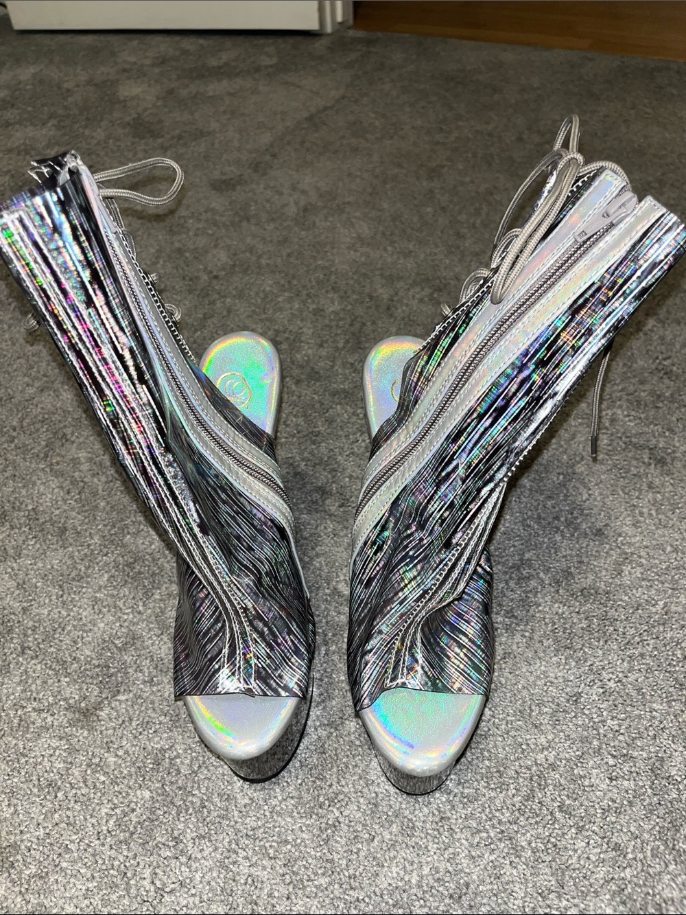 Pleaser Iridescent Silver Holographic Lace-Up Platform Heels
